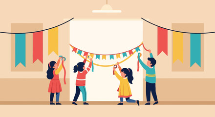 Enthusiastic Children Prepare Festive Decorations For A Cheerful Celebration