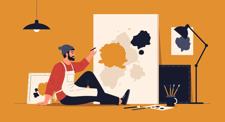 Fototapeta premium Creative Artistic Workspace Man Painter with Easel and Paints Splatter Creating Design