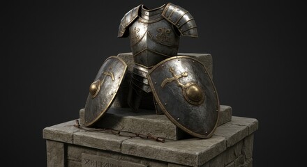 Exquisite Antique Knight Armor Displayed on a Stone Plinth Showcasing Historical Artistry and Craftsmanship