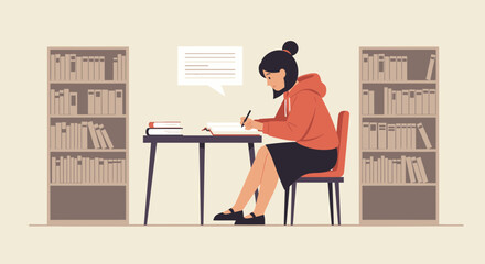 Creative Woman Working At Desk In Study Room With Bookcases Illustration