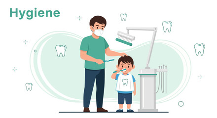 Father And Son Practicing Good Oral Hygiene Together At The Dentist