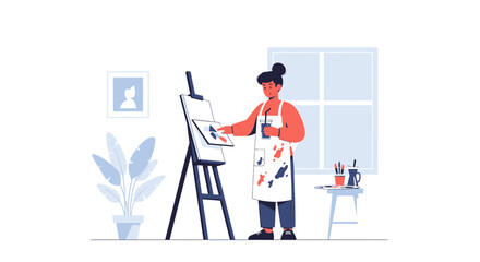 Female Artist Creating Original Artwork in Bright Studio Interior with Refreshment