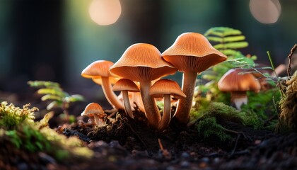 Fototapeta premium a cluster of orange mushrooms growing on the forest floor surrounded by dark soil and soft greenery