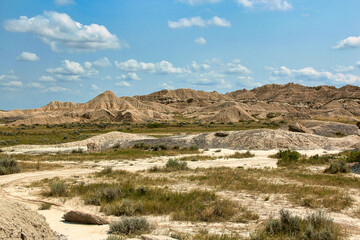 Badlands Summer View on the Trail at Toadstool Geologic Park in Northwestern Nebraska.