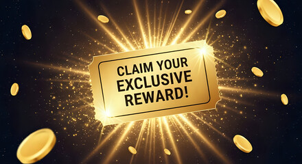 Exclusive reward ticket shimmering with golden light and coins, perfect for promotion, prize, or winning concept