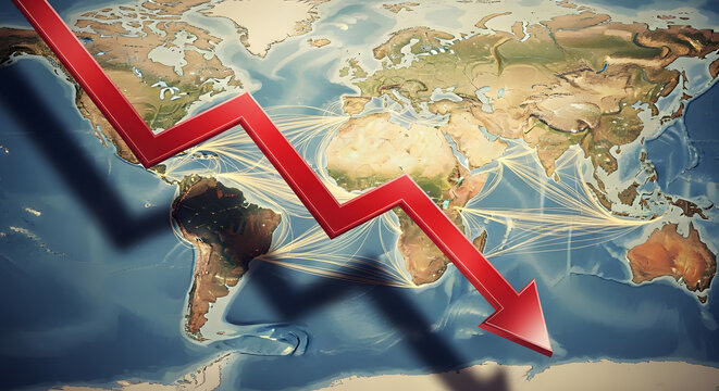 Global Economic Downturn: Red Arrow on World Map