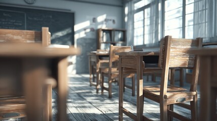 Sunlit Classroom: Wooden Desks and Chairs in a Vintage School Setting