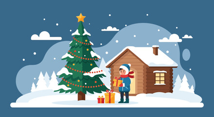 Fototapeta premium Festive Winter Scene With Child Present And Decorated Christmas Tree