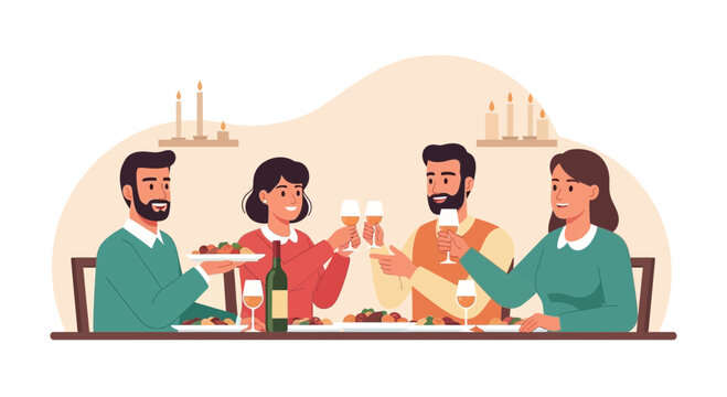 Festive Family Gathering In Joyful Celebration With Food And Wine