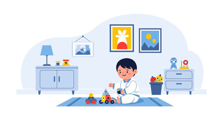 Happy Little Boy Playing With Toy Train In His Room Illustration