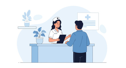 Friendly Nurse Consulting With Patient In Doctor's Office Reception Area