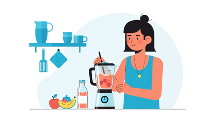 Happy Woman Makes A Healthy Smoothie Using Fresh Fruits In The Kitchen