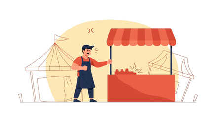 Frustrated Fair Worker Illustration Standing Near Damaged Booth With Anger