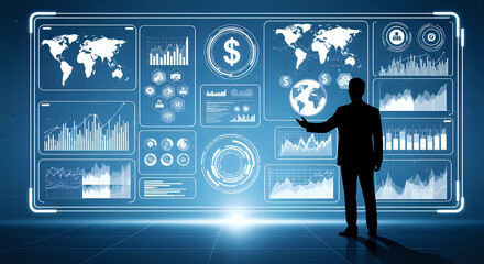 Dynamic business leader presenting global financial data on futuristic digital interface, showcasing growth, strategy, and innovation