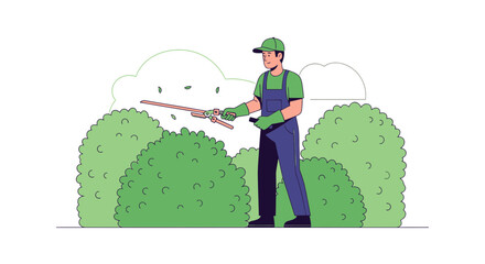 Gardener Trimming Hedges With Garden Shears In Outdoor Environment Vector Illustration