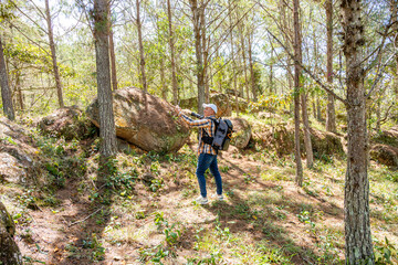 Naklejka premium Outdoor photographer enjoying a sunny day in the pine forest