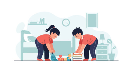 Illustrative Kids Tidying Up Their Room With a Broom and Books Vector