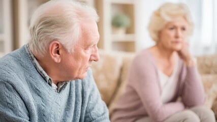 Side view of upset senior man looking away with sad elderly woman sitting in blurred background at home. - Powered by Adobe