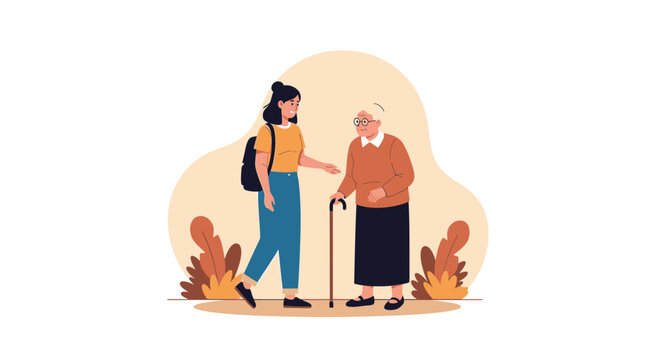 Illustrative Scene Of A Young Woman Helping An Elderly Lady With A Cane - Powered by Adobe