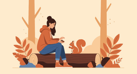 Fototapeta premium Girl Offering Nuts To Squirrel In Autumn Forest Illustration Concept
