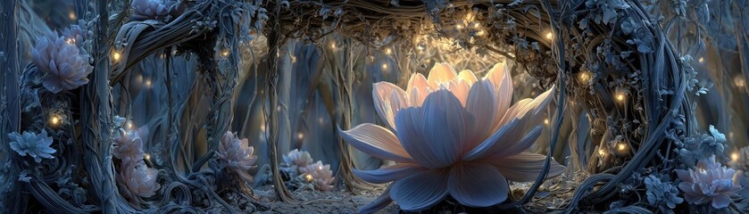 Lily cotton under arbor crown concept. A magical glowing lotus flower in a mystical forest setting.