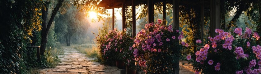 Lily cotton under arbor crown concept. A tranquil garden pathway adorned with vibrant blooming flowers.