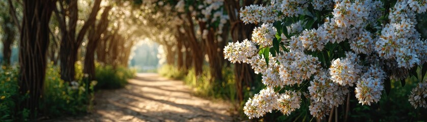 Lily cotton under arbor crown concept. A serene path surrounded by blooming flowers and lush trees.