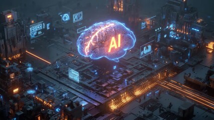Cyberpunk Cityscape with Glowing AI Brain Hologram - Powered by Adobe