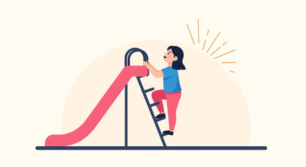 Joyful Childhood Girl Climbing On Playground Slide Cartoon Illustration