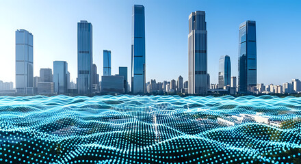 Dynamic cityscape with modern skyscrapers rising above a digital data flow, perfect for tech, business, and innovation concepts