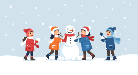 Fototapeta premium Kids Enjoying Wintertime Fun And Building A Snowman Together In Snowy Landscape