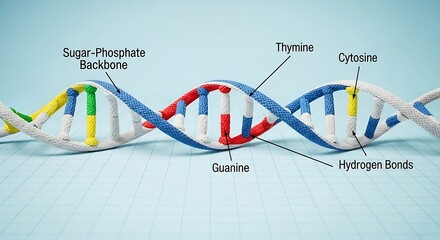 A detailed 3D illustration of a DNA double helix structure with labeled components on a blue grid background.