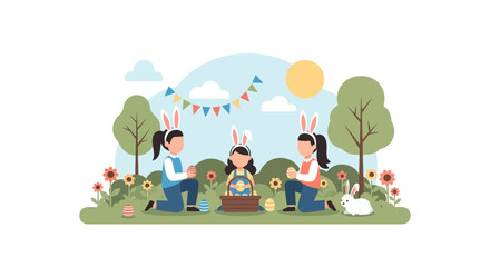 Obraz premium Happy Easter Celebration In Spring With Children Having Fun At Park