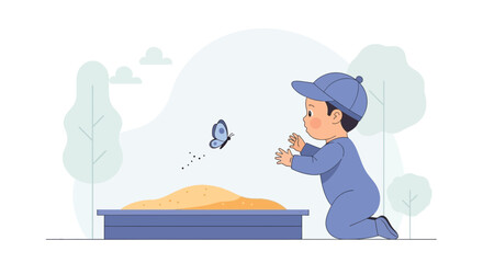 Little Child Is Intrigued By A Blue Butterfly Flitting Above Sandbox