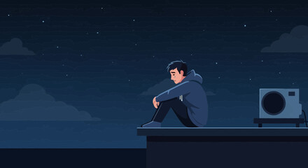 Fototapeta premium Lonely Young Man On A Rooftop At Night Under The Starry Sky