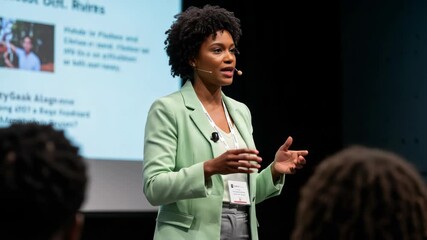 Woman speaking confidently at a business conference with audience