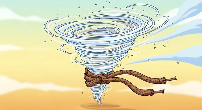 An illustrated tornado with a brown knotted rope tied around its base, swirling in a desert.