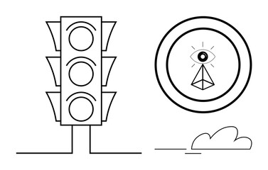 Traffic light with three empty circles alongside an eye within a geometric triangle and circular frame. Ideal for technology, surveillance, control, urban planning, governance, decision-making
