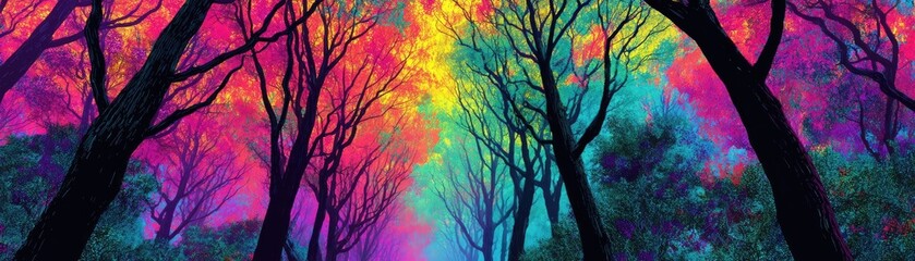 Lily cotton under arbor crown concept. Vibrant forest view showcasing colorful trees and surreal atmosphere.