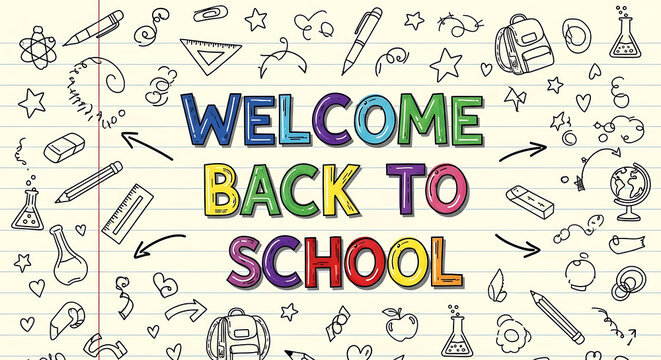 Fun welcome back to school message with colorful lettering and playful doodles for education designs