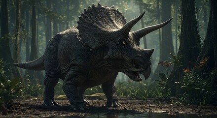 Fototapeta premium A triceratops standing in a forest with trees and foliage in the background on a cloudy day outdoors