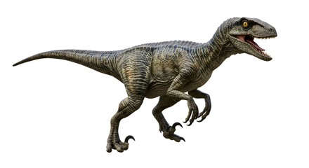Naklejka premium A velociraptor with its mouth open and yellow eyes standing on a white background in a side view pose