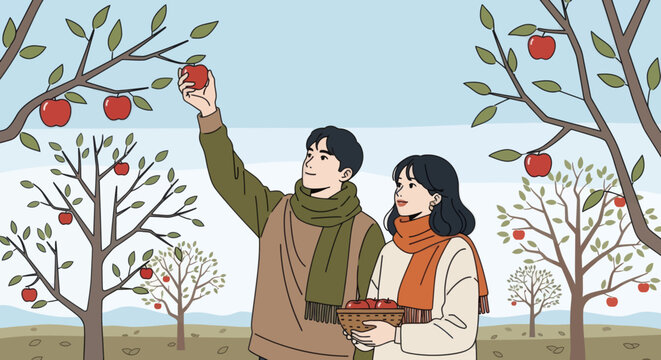 A couple apple picking in an orchard picking fruit in autumn with apple trees on a crisp day - Powered by Adobe
