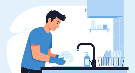 Man Doing Dishes At Home In The Kitchen Promoting Cleanliness And Responsibility