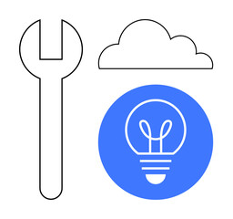 Wrench, cloud outline, and a blue circle with a lightbulb symbolize tools, cloud storage, and innovation. Ideal for technology, creativity, problem-solving, engineering digital solutions