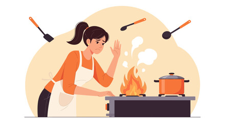 Fototapeta premium Overheated Cooking Incident Woman Frustrated With Kitchen Accident Causing Fire