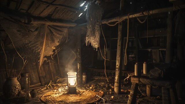 Curse Weaver crafting voodoo doll in secret hut 4K Videos