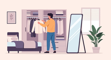 Person Choosing Clothes From Wardrobe At Home In Bedroom Interior