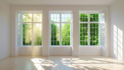 Fototapeta premium Bright sunlit room with three large windows overlooking a green garden