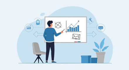 Fototapeta premium Man Presents Business Data On Whiteboard Illustrative Conference Meeting